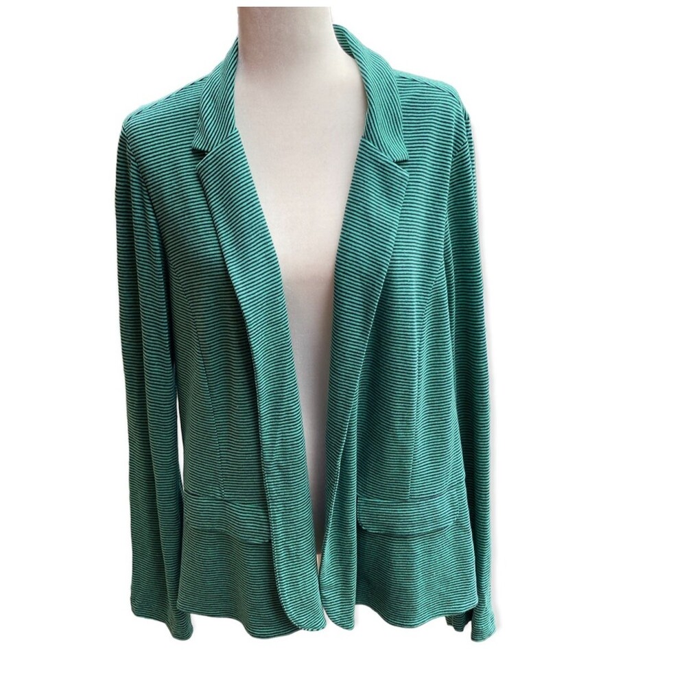 J.Jill Open Front Linen Blend Blazer Large Green Navy Stripe Coastal Jacket
